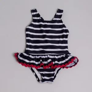 Traje de baño de rayas azules y blancas con cinta zigzag roja YM111745