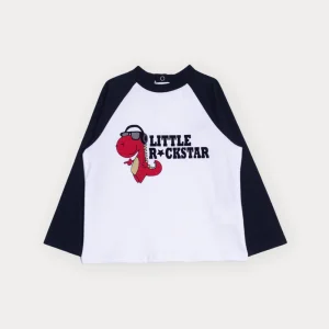 Franela De Algodón Blanca Y Mangas Largas Negras Con Gráfico De Dinosaurio Para Bebe Niño YM109874