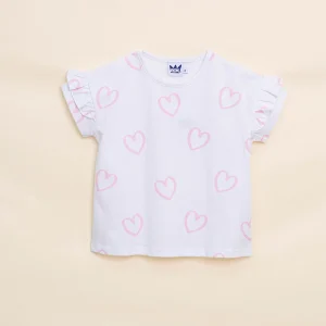 Franela Blanca de Algodón con Estampado de Corazones Rosados para Niña YM109846