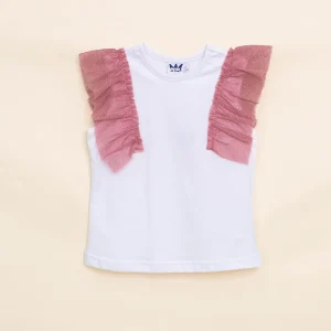 Franela Blanca de Algodón con Volantes en Las Mangas de Tull Rosado para Niña YM109857
